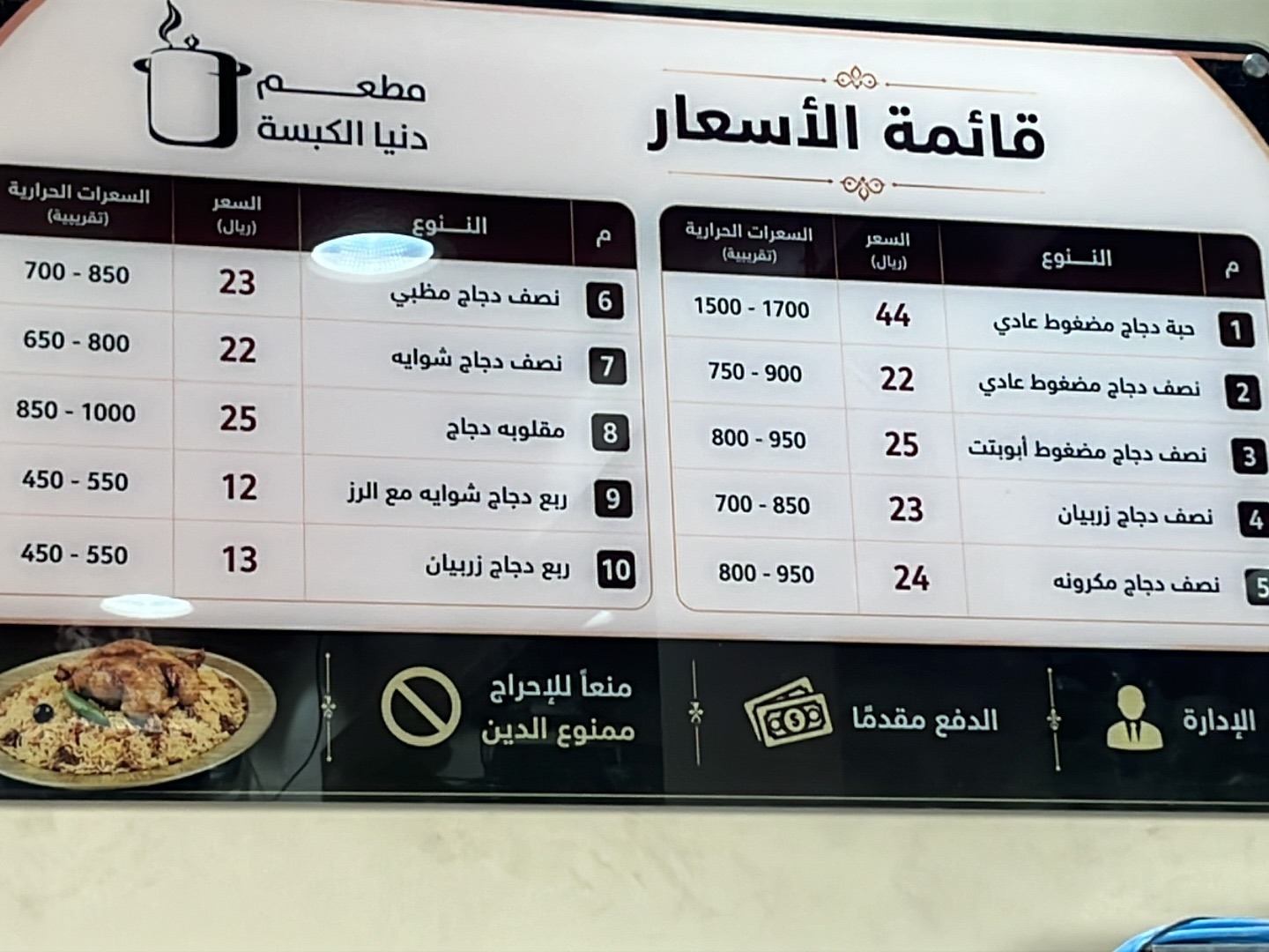 منيو مطاعم دنيا للكبسة